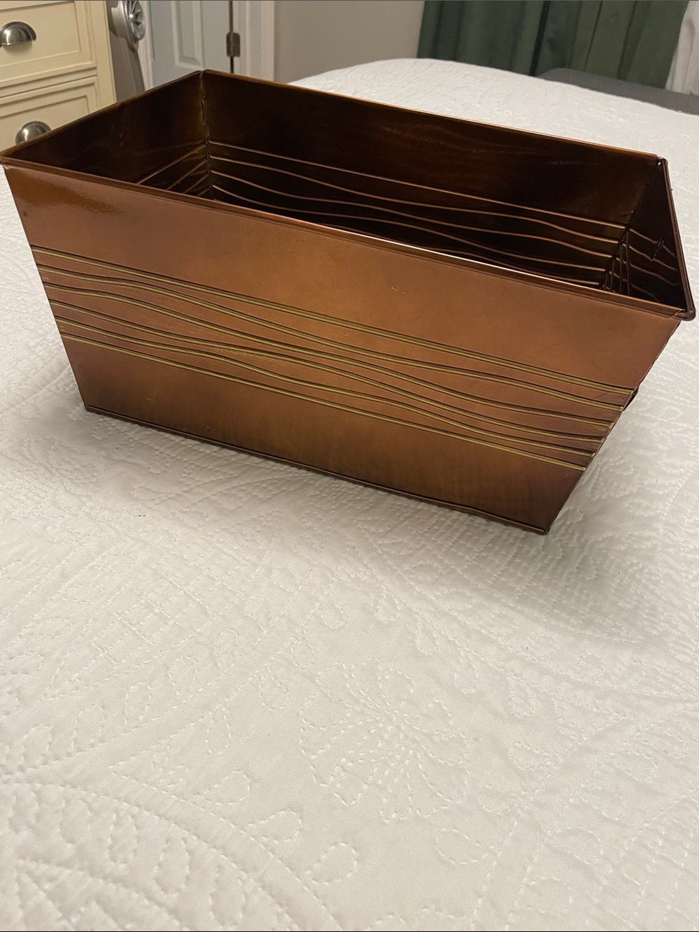 Harry & David Rubbed Bronze Rectangular Metal Basket Box Bin with Etched Lines